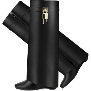 Women Faux Leather Black Pull-on Wedge Heel Knee Shark Padlock Design Boot
